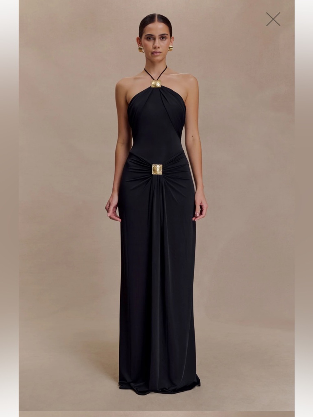 Meshki Black Halter Maxi Dress with Gold Accents